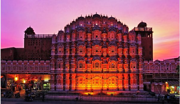 Hawa Mahal facade lit up in Jaipur